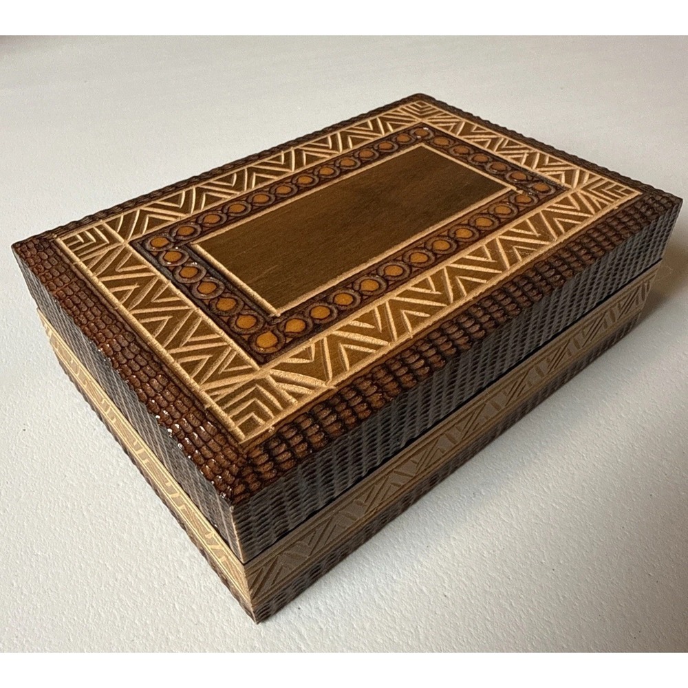 Vintage Polish Wood Box Hand Carved Pyrography Trinket Jewelry Box 5x3x1.5"